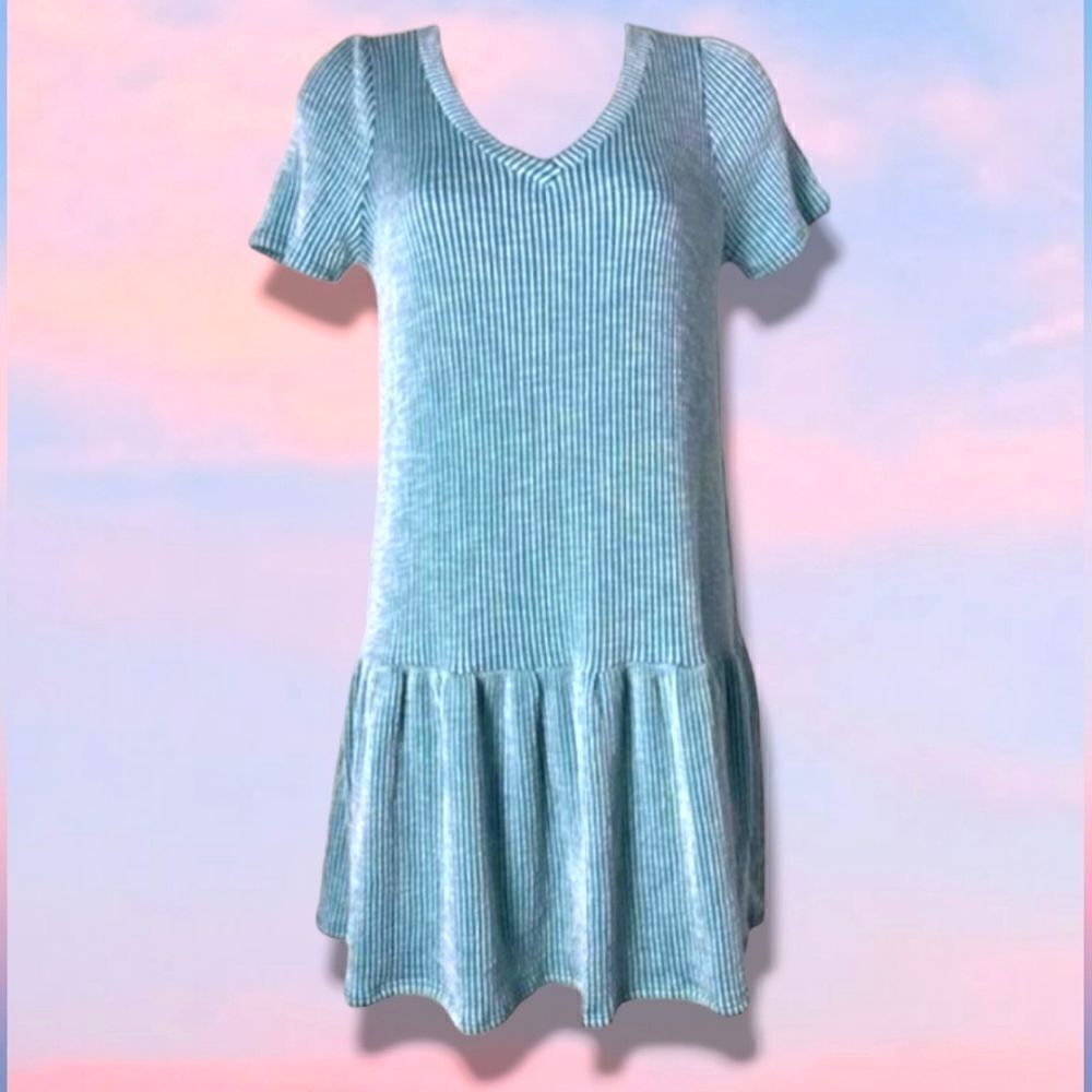 Caution To The Wind Striped Short Sleeve Ruffle Dress (Mint/White)
